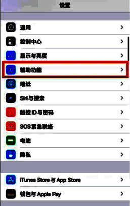 设置页面截图，高亮显示‘辅助功能’入口