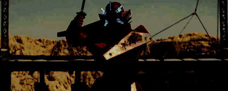 死亡搁浅2中出现的钢铁武士CG画面，角色身穿金属盔甲，背景昏暗神秘，氛围感十足