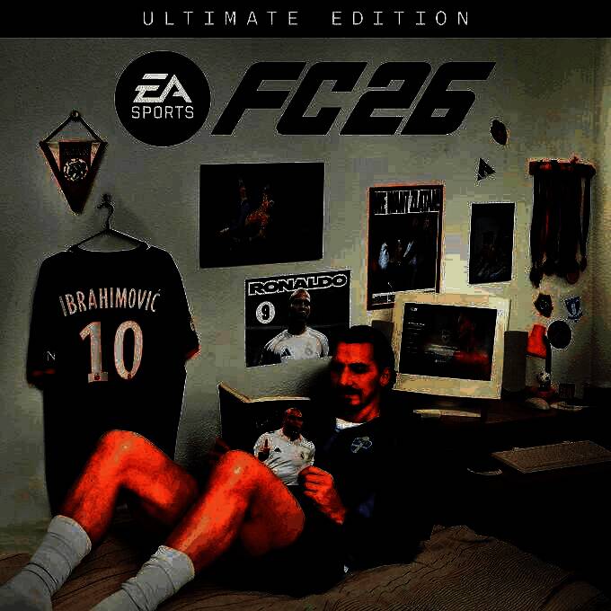 《EA Sports FC 26》终极版封面图，伊布拉希莫维奇身穿标志性红黑战袍，眼神锐利，背景为球场灯光特效