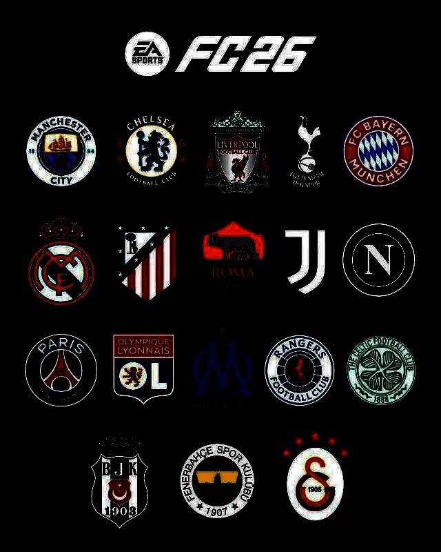 《EA Sports FC 26》俱乐部合作品牌展示图，包含多家知名足球俱乐部LOGO环绕游戏标题