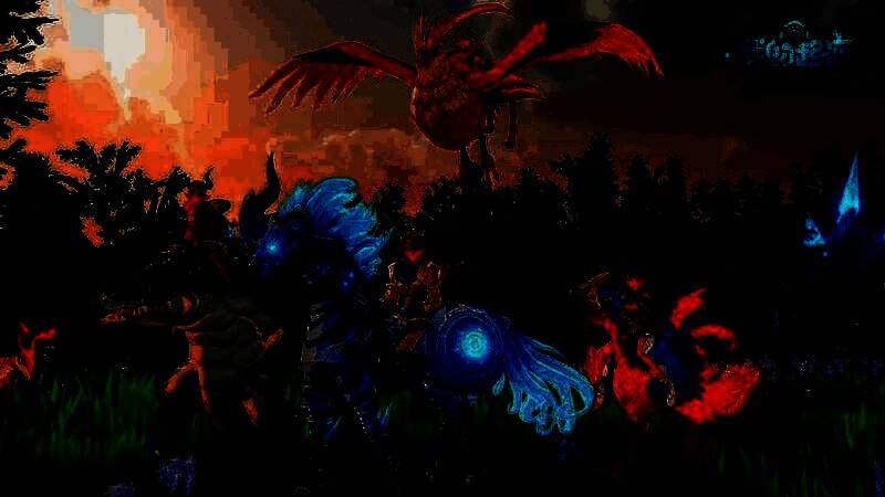 四只不同颜色的陆行鸟并排站立展示，每只脚下对应不同元素特效（冰霜、雷电、毒雾、火焰），氛围感十足