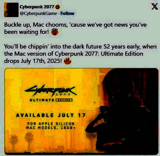 赛博朋克2077 Mac版宣传图，夜之城霓虹闪烁，主角V站在高楼边缘俯瞰城市