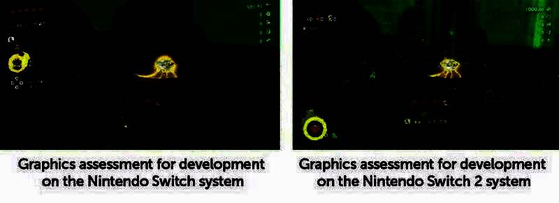 Switch初代与Switch2运行画面对比图，右侧Switch2版本植被更密集、光影更细腻