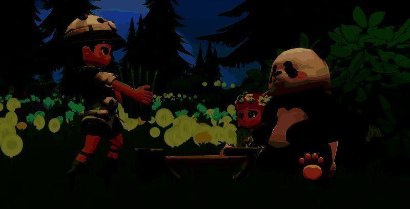 游戏中萌兰与小鸟在森林中温馨互动的画面，背景是郁郁葱葱的竹林