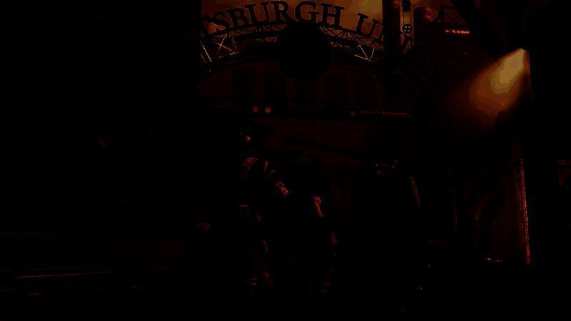 《辐射76》游戏画面与亚马逊《辐射》剧集角色同框概念图，废土风格浓厚，光影对比强烈