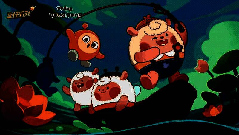 四只DongDong角色围坐草地玩耍场景，氛围温馨欢乐