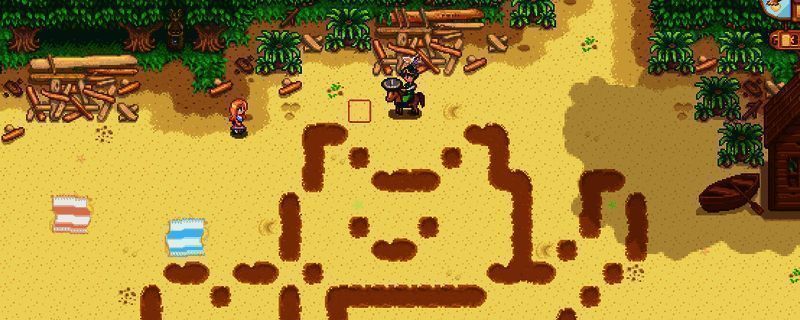 星露谷物语卡利科沙漠中的沙漠商人NPC站在帐篷旁，背景是沙丘和阳光