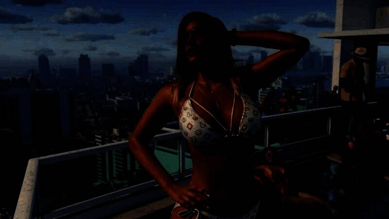 GTA6游戏封面图展示，主角形象曝光，背景为充满活力的迈阿密风格城市