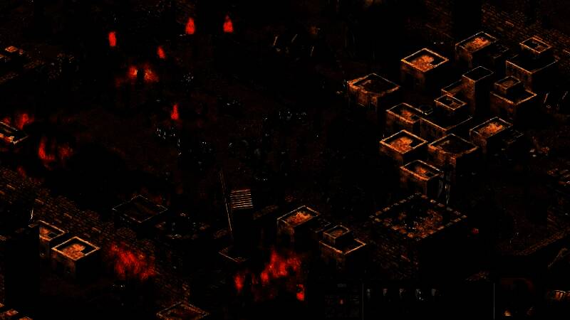 战役选择界面，多个任务图标排列整齐，背景为燃烧的战场，氛围感十足