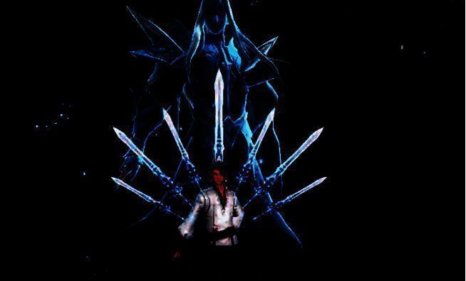 觉醒后的角色立绘展示，七杀剑全形态展开，背景为雷电交加的战场