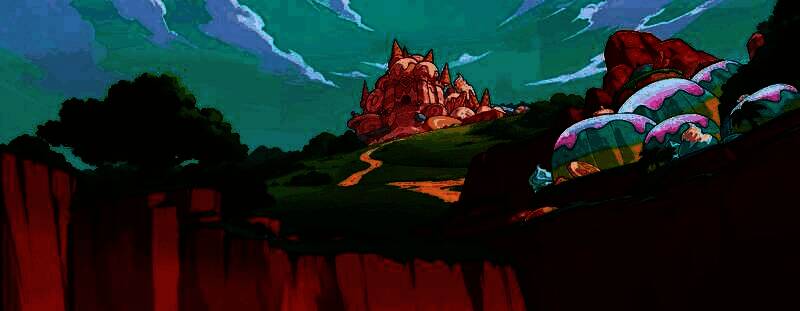 《蛋仔派对》全新地图「盛宴大陆」全景图，色彩缤纷的甜品风格地貌，天空飘着棉花糖云朵，地面是流动的巧克力河与糖果山脉