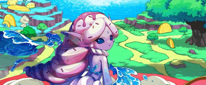 艾比‘蜜流姬’立绘，身披琥珀色长裙，手持蜜糖法杖，身后是流动的金色瀑布