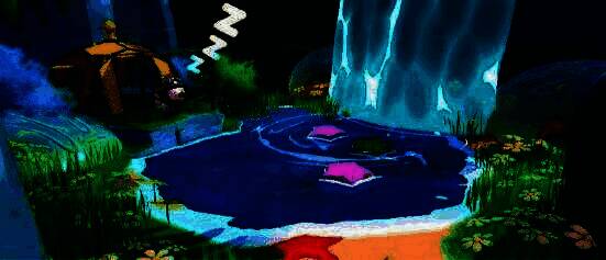 休整营地场景，蛋仔在帐篷旁休息，篝火旁摆放着食物，远处有传送光柱