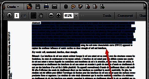 PDF文档中部分文字被蓝色高亮选中，表示已成功选中可复制内容