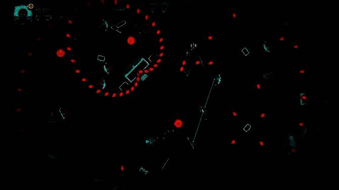 游戏内弹幕式射击场景，飞船发射光束击碎矿物，视觉反馈强烈