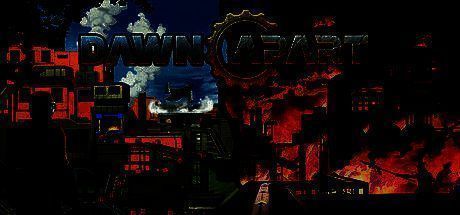 《黎明时分》游戏主界面展示一座建在荒凉体素星球上的工业基地，远处可见高耸的传送带塔和防御炮塔