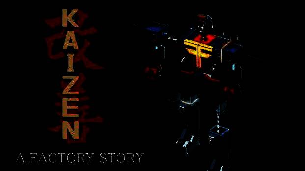 《改善：工厂物语》游戏主视觉图，展示复古工业风格的工厂内部，机械臂运转，传送带流动，充满80年代科技感