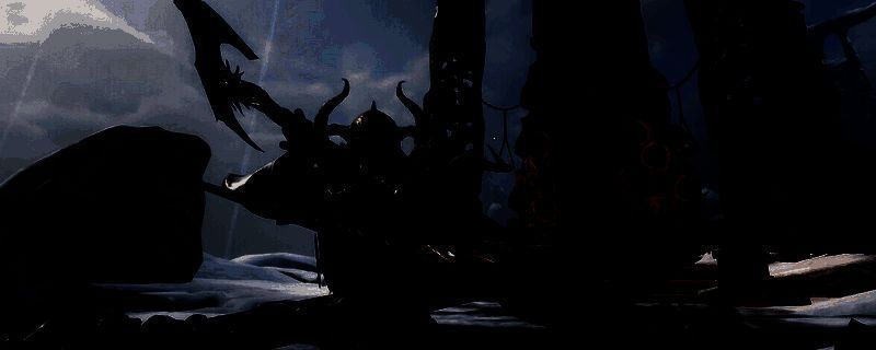 庇护岛场景俯视图，主角与卡拉多克站在石屋旁，远处可见停靠的小船和迷雾笼罩的海岸线