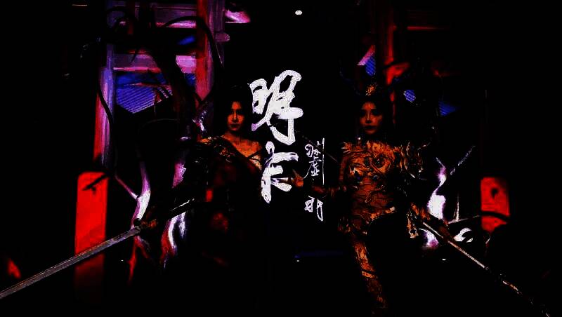 Coser身着‘婉若游龙’套装，手持长剑摆出战斗姿态，服饰细节精致，光影氛围浓厚