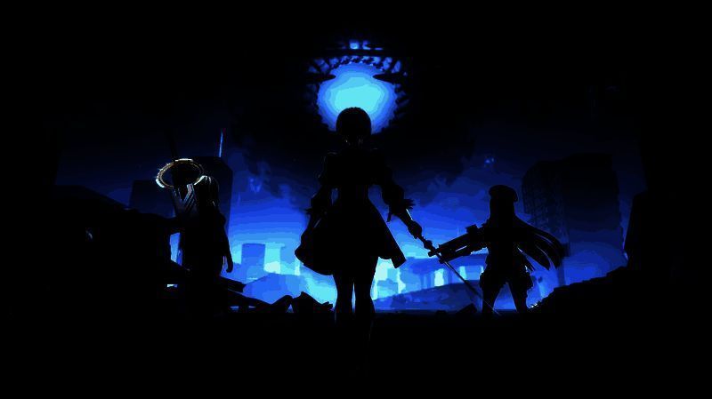 2B与妮姬并肩站立于废墟之上，天空阴沉，远处机械怪物若隐若现，画面充满末世压迫感