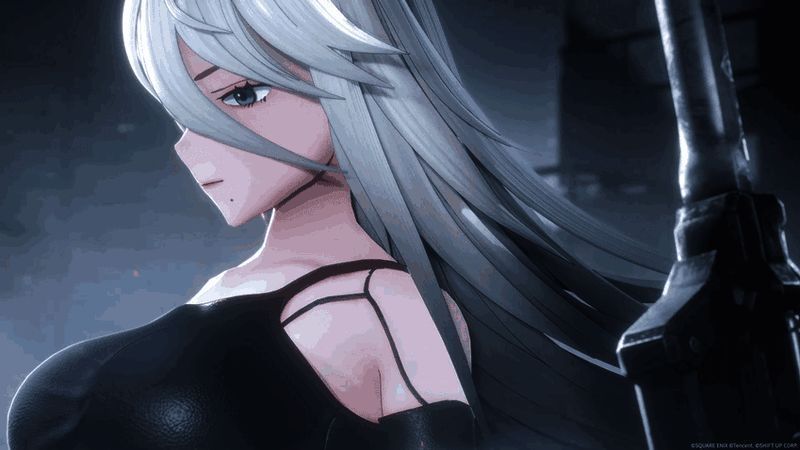 战斗画面中，2B挥舞着剑刃斩开机械群，技能特效华丽，弹幕密集飞过，展现高速背身射击玩法