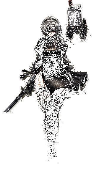 2B施展必杀技，周身燃起火焰光环，剑光划破空气，击溃成群机械敌人