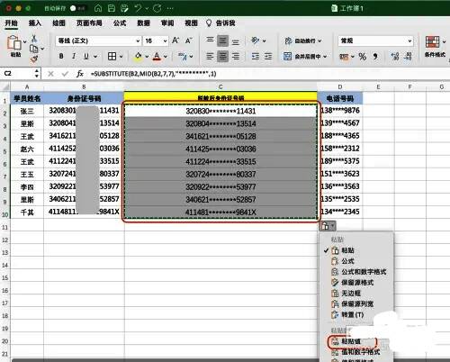 Excel粘贴选项中选择‘粘贴为值’的界面，突出显示图标和对应功能