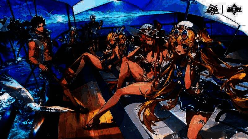 角色身穿‘逐浪盛夏’时装站在海边，手持冲浪板，背景是夕阳下的飞浪岛