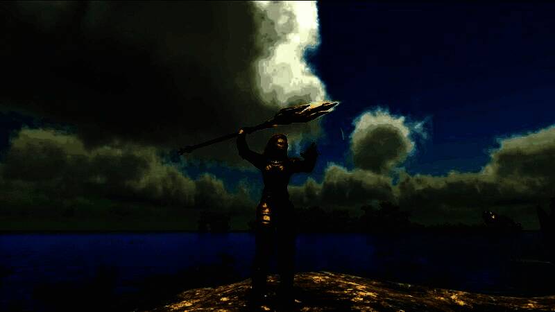 玩家角色手持泰克三叉戟在深海中释放高压水流，周围气泡与光效交织