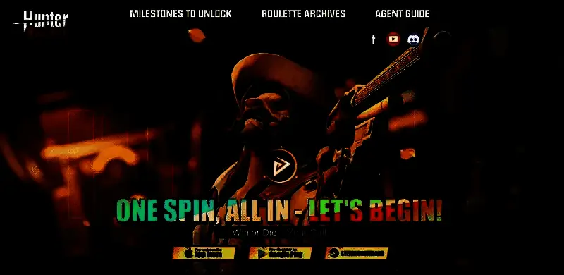 官网界面截图，显示《轮盘猎人：命运赌局》的导航栏与游戏世界观介绍区域
