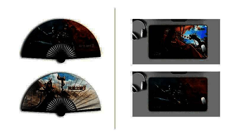 《英雄之城3》定制周边实物图，包含印有游戏LOGO的黑色鼠标垫和绘有英雄角色的古典折扇，细节精致，风格统一