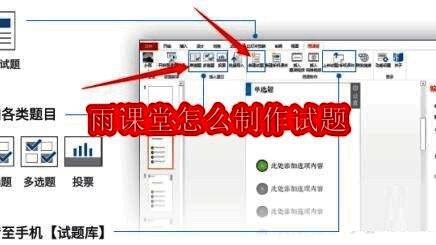 雨课堂新建试题界面展示，PPT中显示试卷封面及可点击的题型模板区域