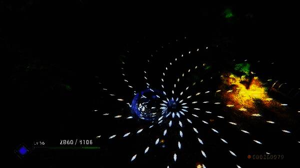 Boss战场景，巨型怪物张开巨口，弹幕如暴雨倾泻而下