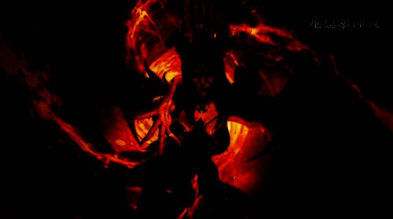 剧情过场画面，黑暗女士站在高台之上，下方是被锁链束缚的少年，天空雷电交加