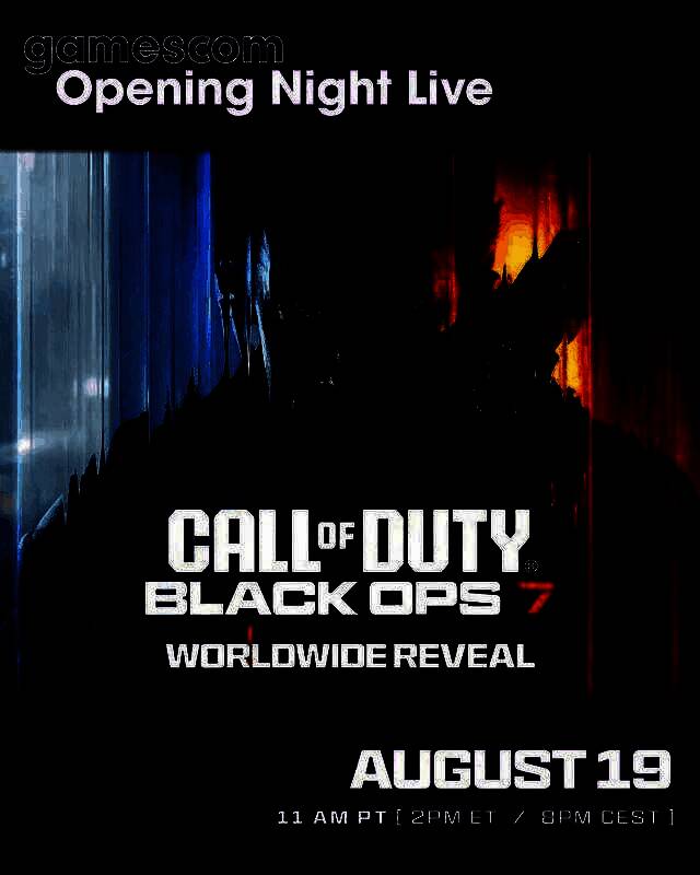 《使命召唤：黑色行动7》官方发布的首张动态宣传图，画面充满未来科技感，背景中隐约可见主角团队与敌方对峙的紧张氛围