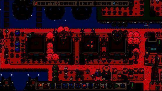 外星地表探索画面，机器人在红色星球上采集发光植物，背景为异星天空