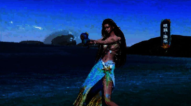 小章鱼造型的喷水枪在阳光下喷出水花，周围有波浪与贝壳装饰，充满海滩度假氛围