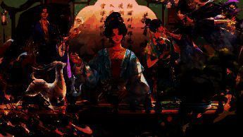 女性角色身着青绿色国风长裙，袖口如茶烟缭绕，背景为古典园林与湖面倒影