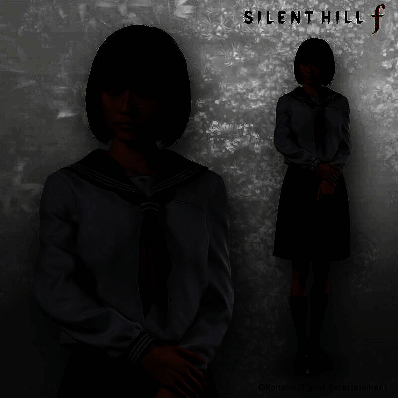 《寂静岭f》女主角深水雏子身穿白色水手服的立绘形象，背景为昏暗的日式校园风格，角色神情略带忧郁