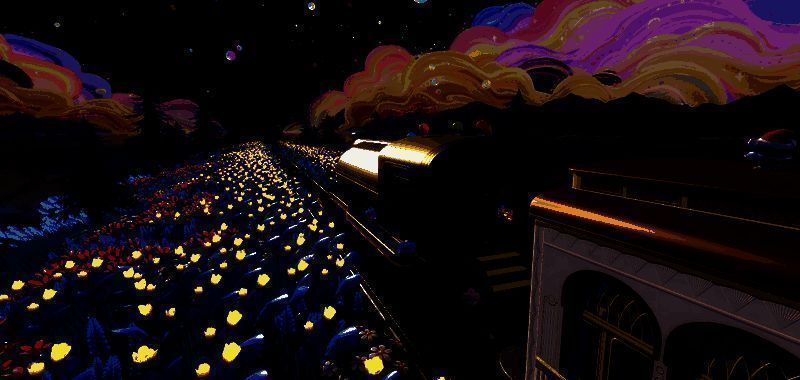 列车穿过艾比小镇的场景，阳光洒在房屋与田野上，远处有蛋仔和艾比挥手