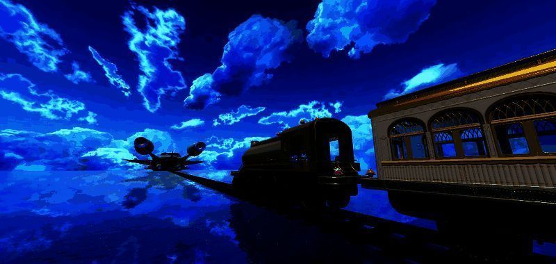 列车与巨大飞船基地完成对接的壮观场景，星空中闪耀着庆祝的光效