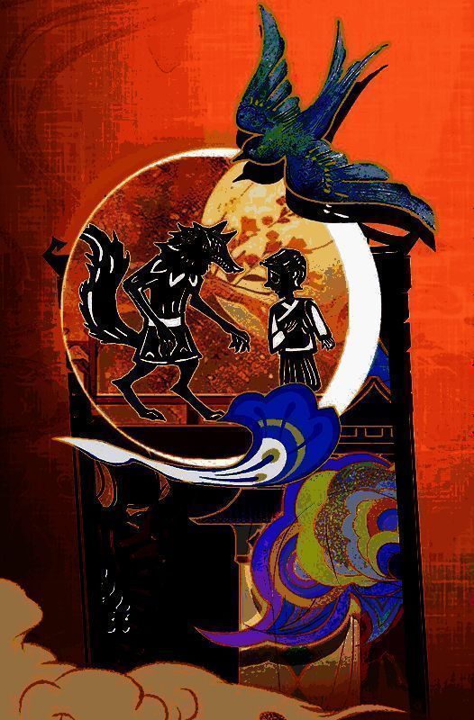 皮影风格的角色细节特写，展示服饰上的传统纹样与道具的工艺设计，如药瓶雕花、水晶球内的戏台布景等，极具艺术质感