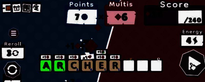 《Wordatro!》游戏主界面展示，背景为淡蓝色网格，中央显示游戏标题与简洁操作按钮