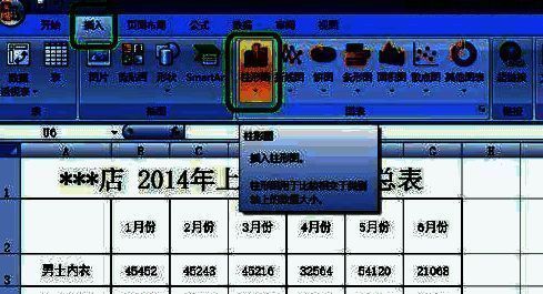 Excel2007界面中插入选项卡下的柱形图功能按钮展示