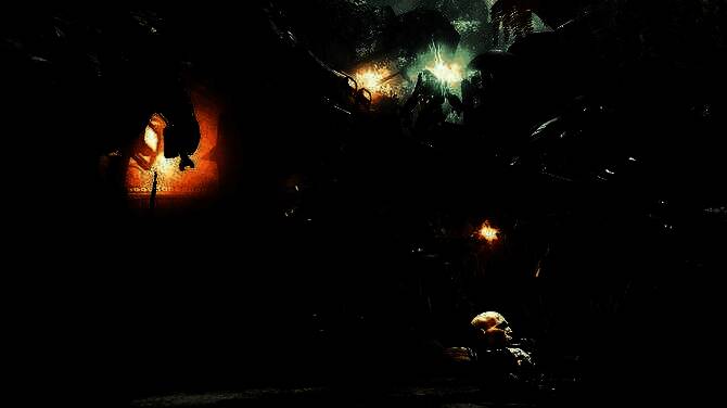 第一人称视角下玩家手持脉冲步枪在走廊中扫射异形，血迹与残骸遍布地面