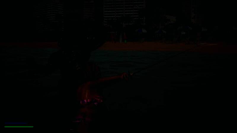 比基尼战士站在夕阳下的海滩上，远处是燃烧的城市与兽人巡逻队