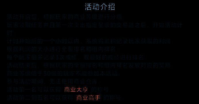 游戏内商业大亨活动规则说明截图，突出显示利润统计与成绩提交机制