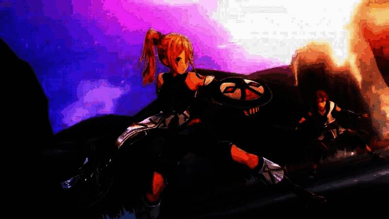 夜晚场景中角色站在高台远眺，星空与远处火光交映