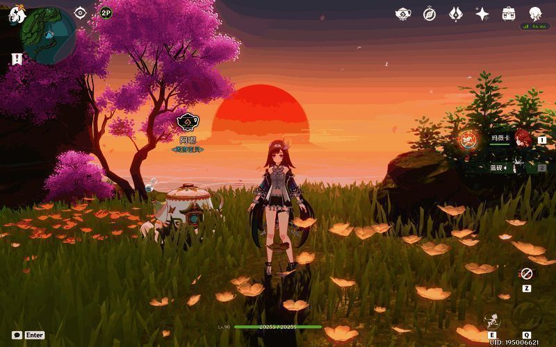 游戏中阿嘟在盛开樱花树下的实景画面，粉色花瓣随风飘落，氛围唯美