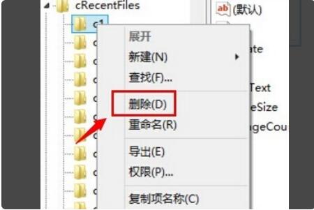 注册表编辑器中定位到Adobe Reader XI最近文件记录路径并右键删除c1项的操作界面